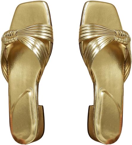 GORGLITTER Women's Textured Twist Knot Band Flat Sandals Square Open Toe Metallic Slide Shoes in Saudi Arabia