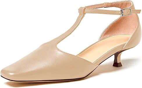 Women's Vintage Matte Leather Square Toe T-Strap Kitten Heel Pumps Shoes Comfort Solid Colour Closed Toe Dress Low Heel Sandals Shoes in Saudi Arabia