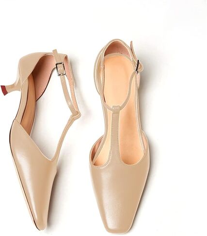 Women's Vintage Matte Leather Square Toe T-Strap Kitten Heel Pumps Shoes Comfort Solid Colour Closed Toe Dress Low Heel Sandals Shoes in Saudi Arabia