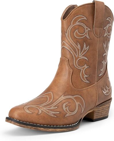 DREAM PAIRS Women's Cowboy Cowgirl Western Boots Embroidered Stitched Ankle Boots Square Toe Chunky Heel Fashion Short Booties with Zipper in Kuwait