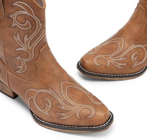 DREAM PAIRS Women's Cowboy Cowgirl Western Boots Embroidered Stitched Ankle Boots Square Toe Chunky Heel Fashion Short Booties with Zipper in Kuwait