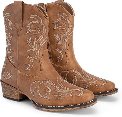 DREAM PAIRS Women's Cowboy Cowgirl Western Boots Embroidered Stitched Ankle Boots Square Toe Chunky Heel Fashion Short Booties with Zipper in Kuwait