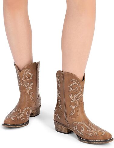 DREAM PAIRS Women's Cowboy Cowgirl Western Boots Embroidered Stitched Ankle Boots Square Toe Chunky Heel Fashion Short Booties with Zipper in Kuwait