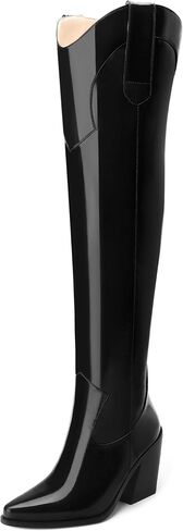 MOVINSTEPS Thigh High Boots for Women Over the Knee Boots Patent Chunky High Heel Pointed Toe Pull on Long Boots Elegant Classic Fashion Tall Boots 3.5 Inch in Kuwait