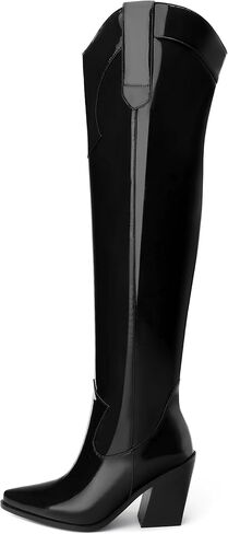 MOVINSTEPS Thigh High Boots for Women Over the Knee Boots Patent Chunky High Heel Pointed Toe Pull on Long Boots Elegant Classic Fashion Tall Boots 3.5 Inch in Kuwait
