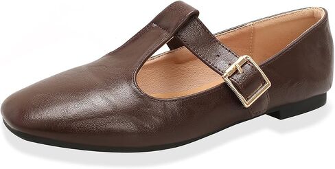 Women's Slip On T-Strap Mary Jane Flats Low Chunky Heel Comfy PU Round Toe Flat Shoes for Women Work Dressy Closed Toe Adjustable Strap Ballet Flats in Saudi Arabia