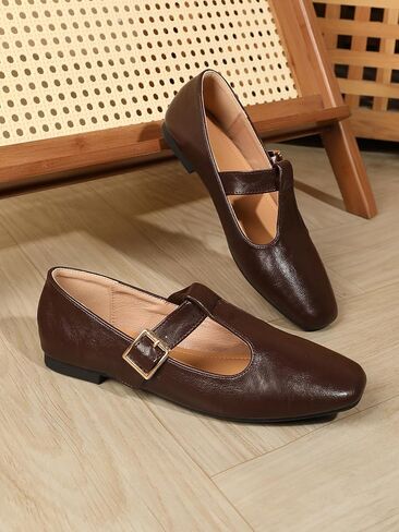 Women's Slip On T-Strap Mary Jane Flats Low Chunky Heel Comfy PU Round Toe Flat Shoes for Women Work Dressy Closed Toe Adjustable Strap Ballet Flats in Saudi Arabia