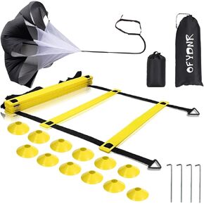 2023 Upgraded Speed Agility Ladder Training Equipment, 12 Rung 20Ft Agility Ladder, 12 Disc Cones, 4 Steel Stakes, Resistance Parachute for Soccer, Sports, Footwork, Basketball, Feet Exercise in Kuwait