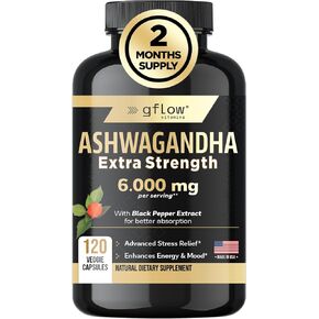 Ashwagandha Supplements - ashwagandha Powder Capsules Extra Strength 6000mg with Black Pepper | Mood Support, Focus, Energy Support | Vegan Friendly, Non-GMO, USA Made