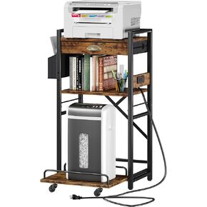 3-Tier Printer Stand with Storage Drawer,Large Tall Printer Table with Power Outlet,Side Pocket and Adjustable Shelf for Home Office,Stand Cart for Computer PC Tower CPU Shredder,Brown