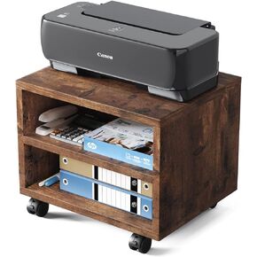 Printer Stand with Storage - Wood Under Desk Printer Table with Wheels 15.7x11.8x14 Inch, 2 Tier Small Black Rolling Printer Cart for Home, Office, Scanner, Fax Machine, Computer