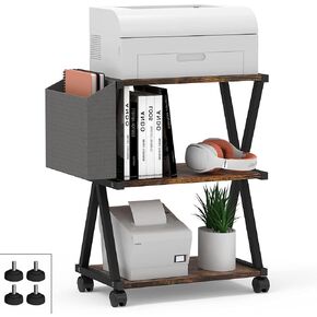 VEDECASA Greige Mobile Printer Stand 3 Tier Wood Shelf Metal Frame Printer Cart with Storage Bag for Home Office Modern Under Desk Table Side Printer Cart with Rolling Caster Wheel