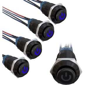 STARELO 5PCS 12mm Latching LED Push Button Switch Mini Round Black Shell with Pre-Wired, Power Mark LOGO, IP65 Waterproof Push Button Switch, 1NO 1 Normally, Self Latching (Blue) with LED.