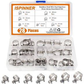 ISPINNER 28pcs 7-18mm Stainless Steel Mini Fuel Injection Line Style Hose Clamps Assortment Kit for Plumbing, Automotive and Mechanical