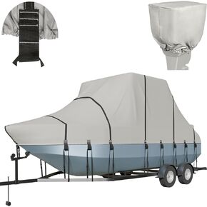 Trailerable T-Top Boat Cover Fully 900D Solution Dyed T Top Boat Cover with 19 Windproof Straps, Motor Cover Fit 19'-21' Long Beam Width Up to 106" Center Console Boat with T Top Roof