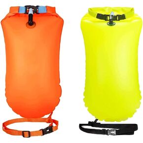 2 Pack 20L Waterproof Dry Bags Swim Bouy Float Swimming Marine Safety Inflatable Bubble Bag Visible with Storage Space & Adjustable Waist Belt,Lightweight for Swimmer,Training,Kayaking,Snorkeling