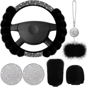 Fabbay 6 Pcs Fluffy Steering Wheel Cover Set Bling Fluffy Car Accessories for Women Bling Car Cup Holder Mat Fuzzy Handbrake Cover Gear Shift Cover and Rearview Mirror Decoration for Car Decor(Black)