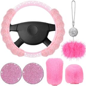 Fabbay 6 Pcs Fluffy Steering Wheel Cover Set Bling Fluffy Car Accessories for Women Bling Car Cup Holder Mat Fuzzy Handbrake Cover Gear Shift Cover and Rearview Mirror Decoration for Car Decor(Black)