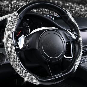 CAR PASS Bling Diamond Steering Wheel Cover with Crystal Rhinestones, Segmented Wheel Protector Non-Slip Cute Car Accessories Universal Fit D-Shape O-Shape 14.5" to 16" for Women 2PCS, Black Diamond