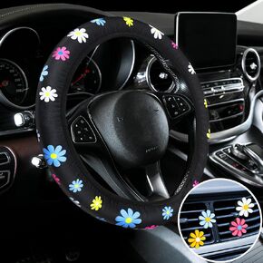 Frienda 5Pcs Cute Flower Car Accessories Set Daisy Steering Wheel Cover with Colorful Air Vent Clips Floral Flower Car Accessories for Women Men Girls Car Decorations