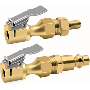 GODESON Air Chuck for Semi Truck, 1/4" FNPT 11.8" Extended Reach Dual Head Brass Air Chuck with Brass Quick Plug, 2-Way Connect Air Chuck for Semi, RV Dually Tires