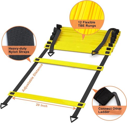 2023 Upgraded Speed Agility Ladder Training Equipment, 12 Rung 20Ft Agility Ladder, 12 Disc Cones, 4 Steel Stakes, Resistance Parachute for Soccer, Sports, Footwork, Basketball, Feet Exercise in Kuwait