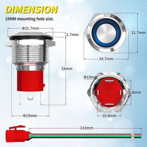 Joinfworld Latching Push Button Switch 12V 20A Heavy Duty DC 12 Volt Waterproof Round Switch 19MM Metal Blue LED Ring Illuminated ON/Off Weatherproof with Wire for Marine Boat Car Truck in Saudi Arabia