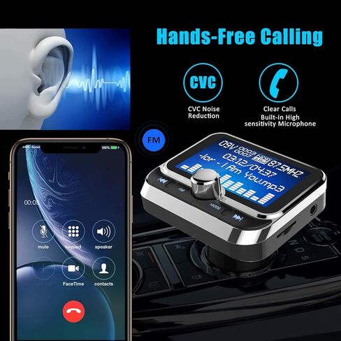 جهاز إرسال FM بلوتوث للسيارة، جهاز إرسال بلوتوث لاسلكي للسيارة طقم سيارة بدون استخدام اليدين مع شاشة 1.8 بوصة، شاحن سيارة USB مزدوج، مدخل/مخرج AUX، مشغل Mp3 لبطاقة TF، فضي (أ) in Kuwait