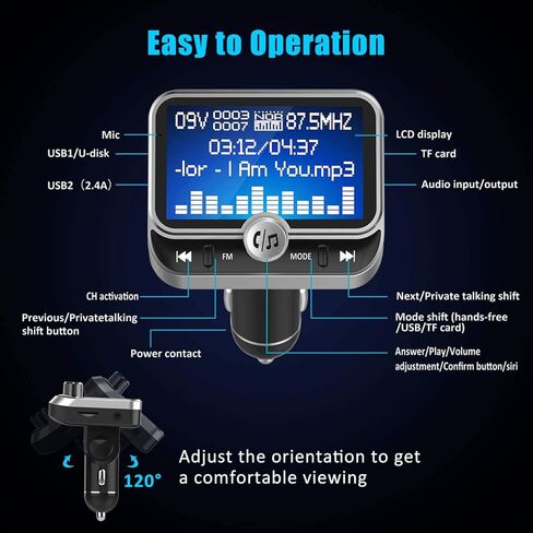جهاز إرسال FM بلوتوث للسيارة، جهاز إرسال بلوتوث لاسلكي للسيارة طقم سيارة بدون استخدام اليدين مع شاشة 1.8 بوصة، شاحن سيارة USB مزدوج، مدخل/مخرج AUX، مشغل Mp3 لبطاقة TF، فضي (أ) in Kuwait