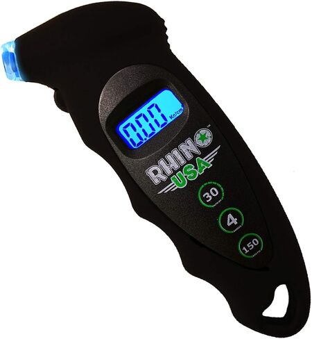 مقياس ضغط الإطارات الرقمي Rhino USA 150 رطل لكل بوصة مربعة، 4 نطاقات، تصميم مريح مع فوهة مضاءة وشاشة LCD بإضاءة خلفية - قراءات دقيقة معتمدة، أفضل مقياس رقمي (أسود) in Kuwait