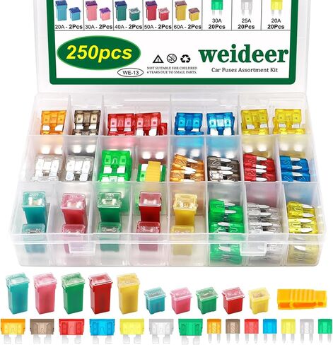 Weideer 250 قطعة مجموعة متنوعة من صمامات السيارة القياسية والصغيرة لشفرات السيارة 5A 7.5A 10A 15A 20A 25A 30A منخفضة وطويلة/STD على شكل صندوق على شكل صندوق للسيارات والشاحنات وسيارات الدفع الرباعي والقوارب in Saudi Arabia