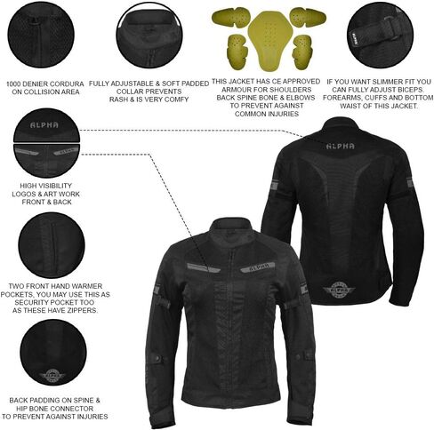 سترة ALPHA CYCLE GEAR النسائية للدراجات النارية لركوب الدراجات النارية CE المدرعة (أسود، متوسط) in Saudi Arabia
