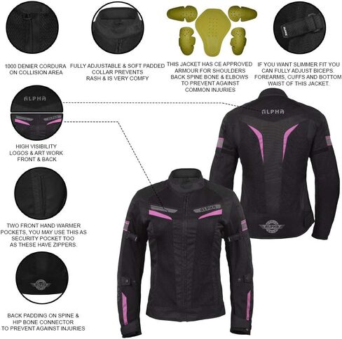 سترة ALPHA CYCLE GEAR النسائية للدراجات النارية لركوب الدراجات النارية CE المدرعة (أسود، متوسط) in Saudi Arabia