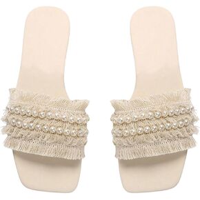 OYOANGLE Women's Fringe Trim Pearl Flat Sandals Square Open Toe Slip On Elegant Sandals