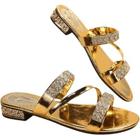 OYOANGLE Women's Metallic Rhinestone Strappy Sandals Open Toe Slip On Flat Sandals Casual Trendy Slippers