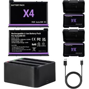 Fantasyo X4 Battery 2 Packs of 2500mAh + 1 Triple Channel Fast X4 Battery Charge Hub, X4 Replacement Battery with X4 Charging Cable & X4 Battery Charger, Only Compatible with Insta360 X4 Camera