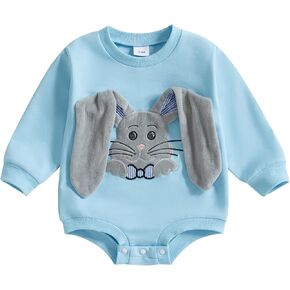 Easter Newborn Baby Boy Outfit Floppy Eared Bunny Embroidered Bubble Romper Long Sleeve Onesie Jumpsuit Clothes
