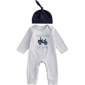 Omkzanbi New to the Farm Romper Baby Boy Tractor Embroidery Jumpsuit Hat Cute 2Pcs Newborn Coming Home Hospital Outfit 0-6M
