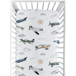 Sweet Jojo Designs Vintage Airplane Boy Baby Fitted Crib Sheet Infant Newborn Nursery Toddler Bed Room Standard Mattress Grey Green Blue White Yellow Airplanes Plane Transportation Clouds Sun Aviator
