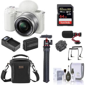 Sony ZV-E10 Mirrorless Vlog Camera with 16-50mm Lens, White - Bundle with 64GB SD Card, Shoulder Bag, Mic, Tripod, Extra Battery, Charger, 40.5mm Filter Kit, Cleaning Kit