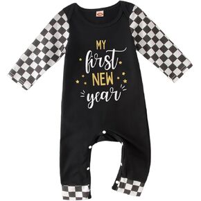 My First New Years Baby Girl Boy Outfit Long Sleeve Stripe Letter Print Romper Jumpsuit Newborn One Piece Clothes