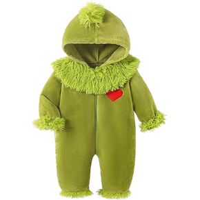 Suolongsama Infant Baby Boy Girl Christmas Outfit Hooded Zipper Jumpsuit Romper Furry Green Monster Xmas Clothes