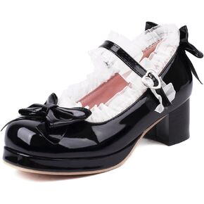 Kawaii Mid Block Heel Mary Janes Platform Rockabilly Shoes Patent Chunky Heels Pumps Sweet Cute with Bow