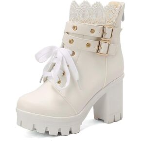 MEOTINA Goth Platform Boots Chunky High Heels Ankle Boots Lace Buckle Gothic Cosplay Booties Zipper Punk Shoes