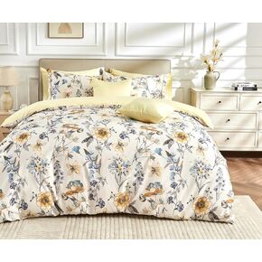 SLEEPBELLA Queen Size Duvet Cover Set with Button Closure - Blue and Yellow Botanical Luxury Bedding for a Comfortable Sleeping