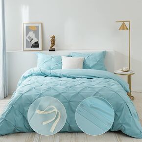 3 Pieces Bedding Duvet Cover Set, Pinch Pleated Twin Duvet Cover, Pintuck Comforter Quilt Cover with 2 Pillow Shams-Twin-68 X 90 inches-Light Blue