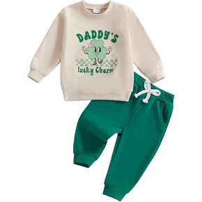 St.Patricks Day Baby Boy Outfit Long Sleeve Lucky Charm Sweatshirt Green Pants Cute Shamrock Fall Winter Clothes