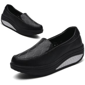 Women's Leather Platform Slip On Nurse Loafers Comfortable Lightweight Wedge Orthotic Sneakers Casual Rocker Shoes
