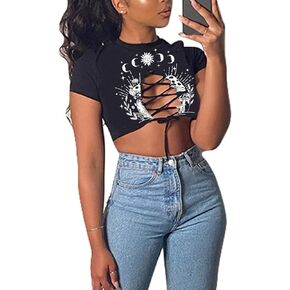 Remidoo Women's Sexy Lace Up Crop Top Short Sleeve Cropped T Shirt Cutout Graphic Tee