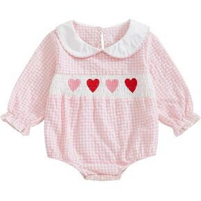 Newborn Baby Girls Valentines day Clothes Long Sleeve Doll Collar Smocked Heart Embroidery Plaid Bubble Romper Outfit